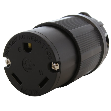 Ac Works Straight Blade Connector, TT-30R, 30 A, 125V AC, 2 Pole, 3 Wire, Screw Terminals, Black ASTT30R-S